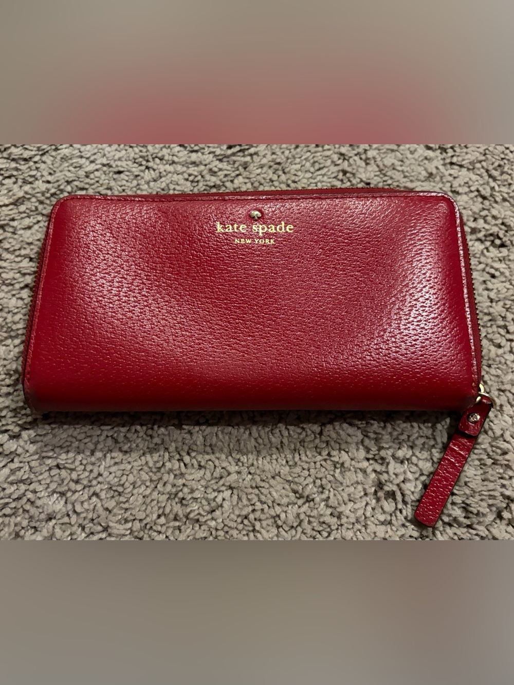 Kate Spade Red Pebbled Leather Zip Wallet with Gold Logo